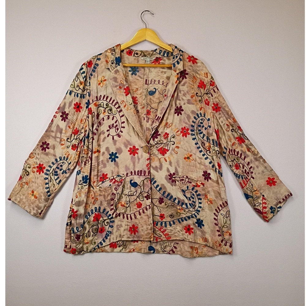 Boho Floral Paisley Embroidered John Mark Womens Medium Tan Multi Blazer Jacket